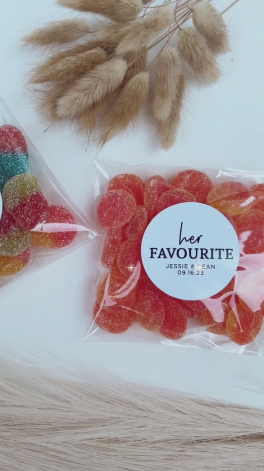 His & Her Favourite/Favorite | Favour Labels + Bags